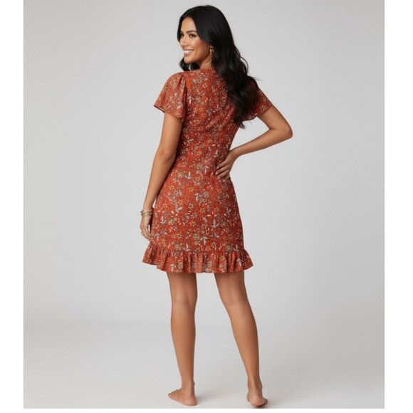 Ditsy Floral V-Neck Mini Dress Orange - Picture 3 of 6